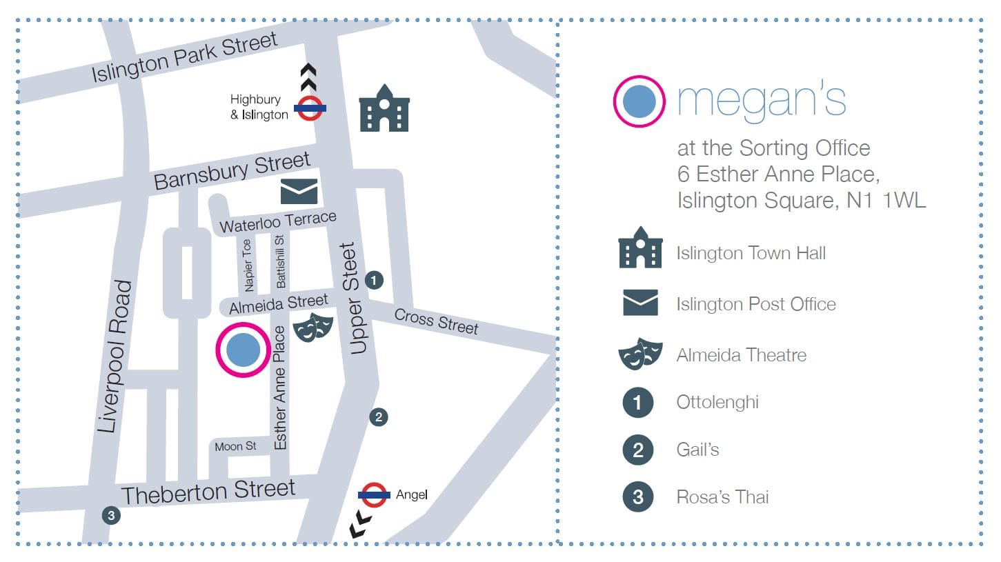 Where to eat in Islington - Megan's restaurant Islington map